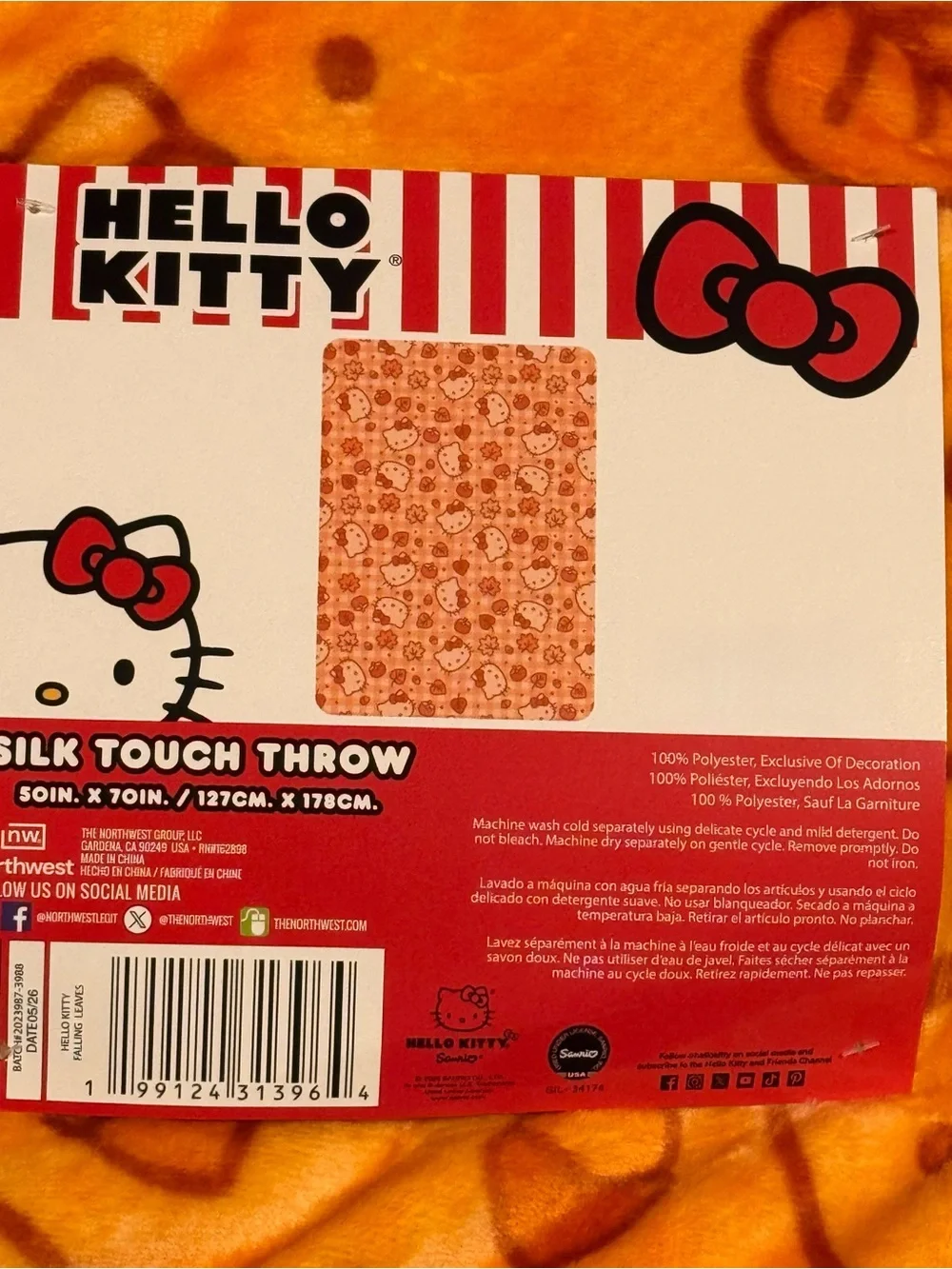 Sanrio Hello Kitty Autumn Fall Orange & Brown Super Plush Thick Large Throw